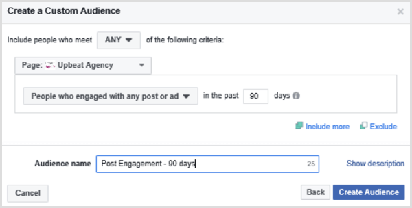 Изберете опции за настройване на персонализирана аудитория във Facebook въз основа на хора, ангажирани с която и да е публикация или реклама през последните 90 дни