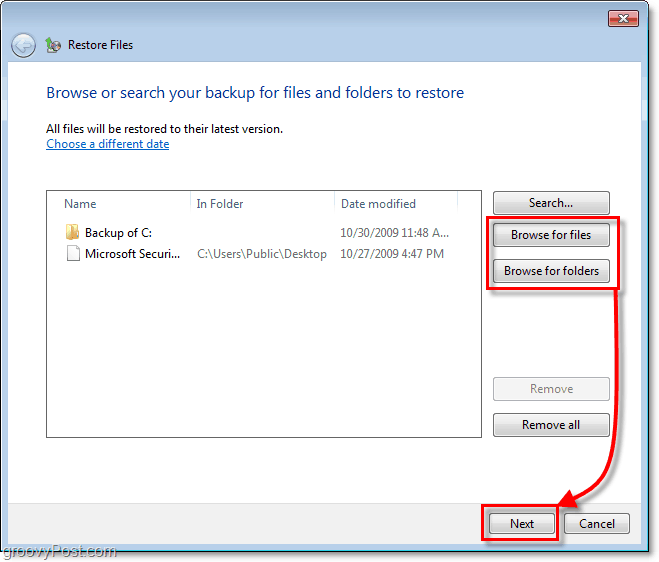 Резервно копие на Windows 7 - изберете кои файлове или папки искате да възстановите