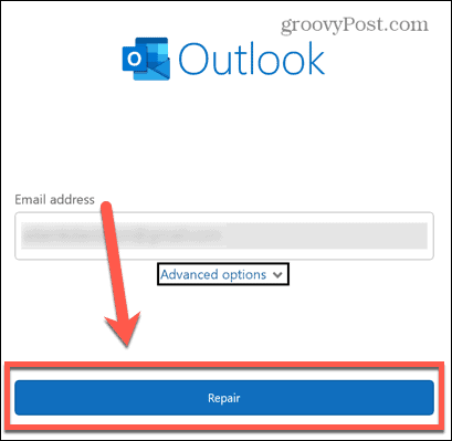 бутон за поправка на Outlook