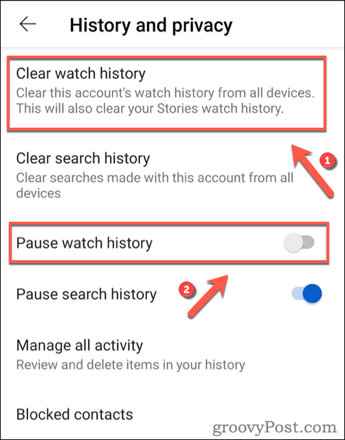 Изчистване на историята на гледане в YouTube на Android.