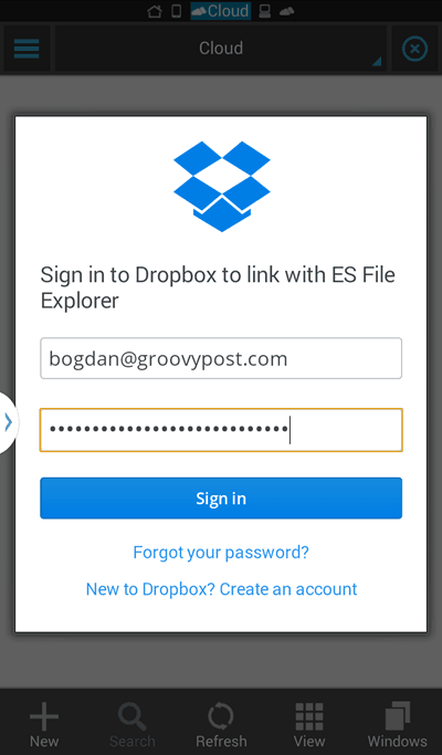 Dropbox за вход в ES File Explorer