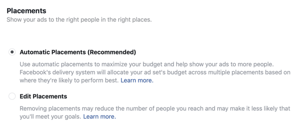 Опции за разположение за водеща рекламна кампания във Facebook.
