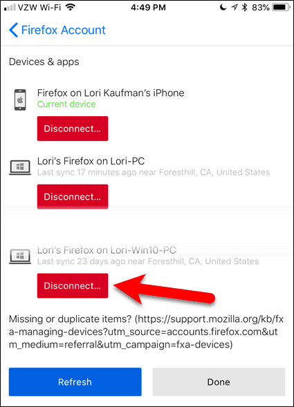 Изключете устройство в Firefox за iOS