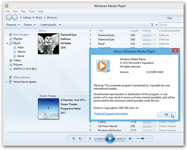 Windows Media Player на Windows 8 Desktop