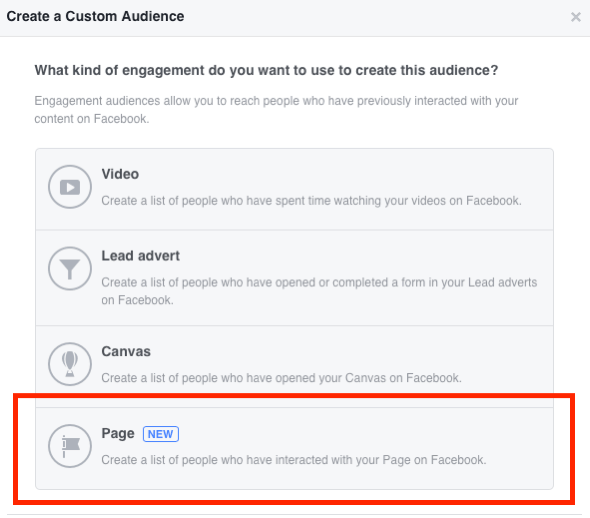 Изберете Page като тип ангажимент, който искате да използвате, за да създадете вашата персонализирана аудитория във Facebook.