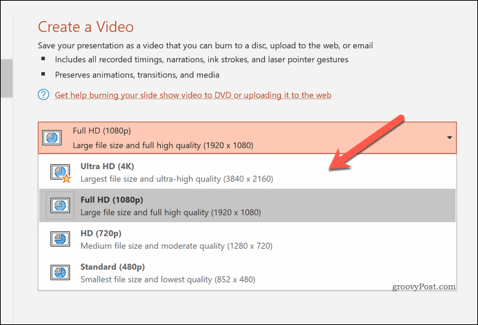 Определяне на качеството на експортираните видеоклипове в PowerPoint