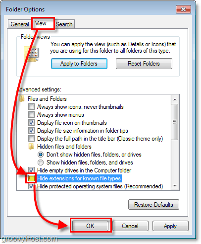 в диалоговия прозорец с опции на папката Windows 7 щракнете върху раздела изглед, след което премахнете отметката за скриване на разширения за известни типове файлове