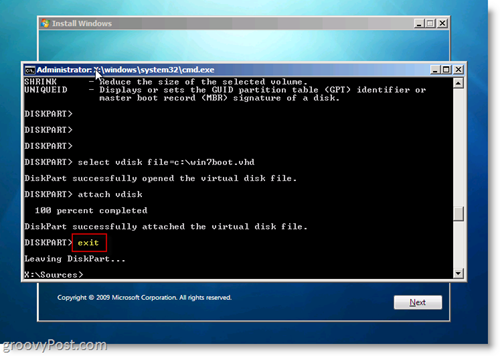 Windows 7 Native VHD Инсталиране на двоен изход за излизане на CMD подкана