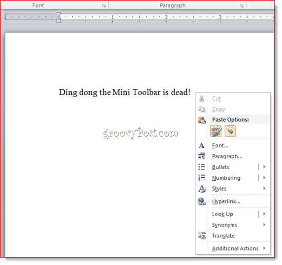 Как да деактивирате Mini-Toolbar с десния бутон на мишката в Word 2007 и Word 2010