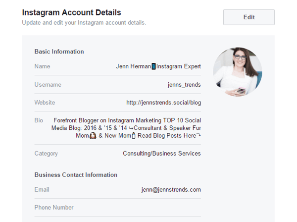 Можете да редактирате някои подробности за акаунта в Instagram от настройките на страницата си във Facebook.