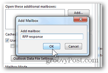 Добавяне на пощенска кутия Outlook 2013 - Въведете име на пощенска кутия Щракнете върху OK