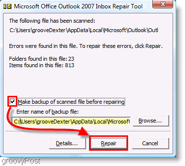 Снимка на екрана - Меню за ремонт на Outlook 2007 ScanPST