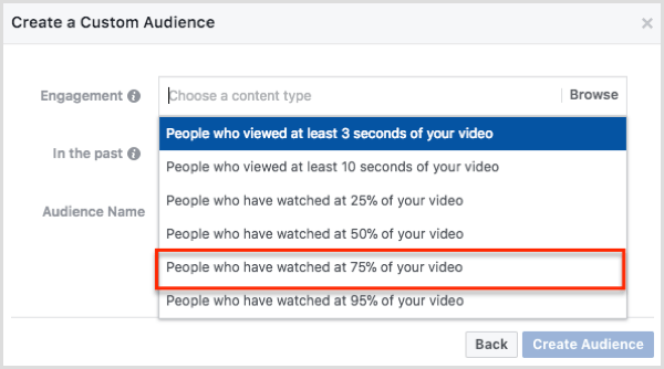 Изберете хора, които са гледали 75% от вашето видео в диалоговия прозорец Създаване на персонализирана аудитория.