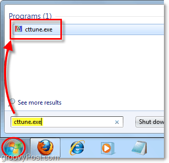 от менюто за стартиране на Windows 7 заредете cctune.exe, за да заредите тунер clearType