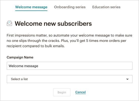 Изберете какъв тип автоматичен имейл за добре дошли искате да изпратите чрез вашия Messenger бот. 
