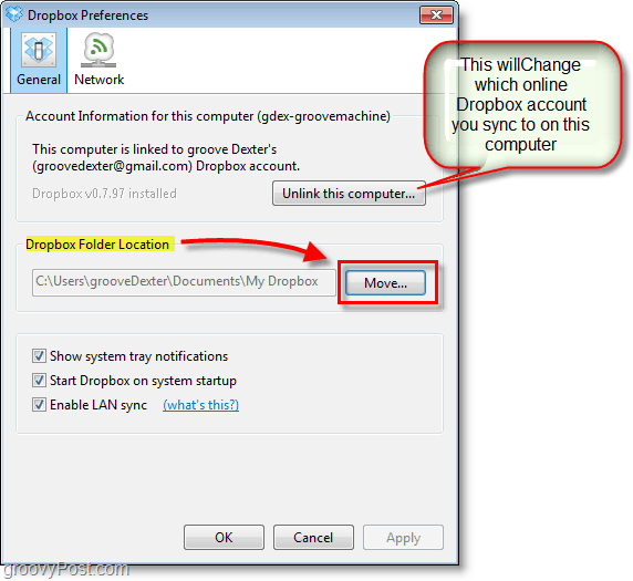 Снимка на Dropbox - промяна на местоположението по подразбиране в dropbox или промяна / премахване на акаунти в dropbox