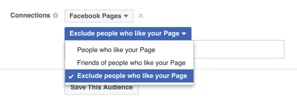 опция за насочване на реклами във facebook за изключване на хора, които вече харесват дадена страница