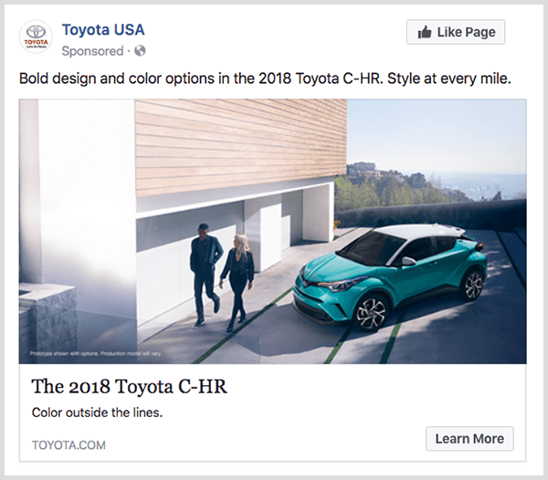 Ангажираната реклама на Facebook от Toyota се отличава с тюркоазена Toyota C-HR и има бутон Научете повече.