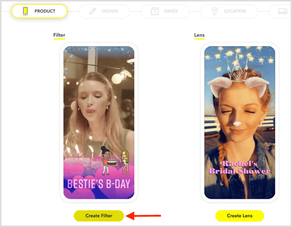 Щракнете върху Създаване на филтър, за да настроите Snapchat геофилтър за вашето събитие.