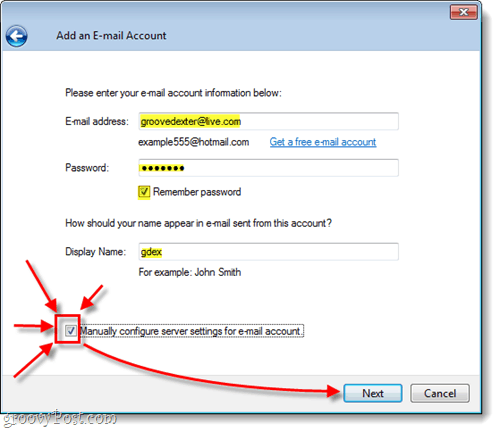 ръчно конфигурирайте вашата гореща поща в Windows Live Mail
