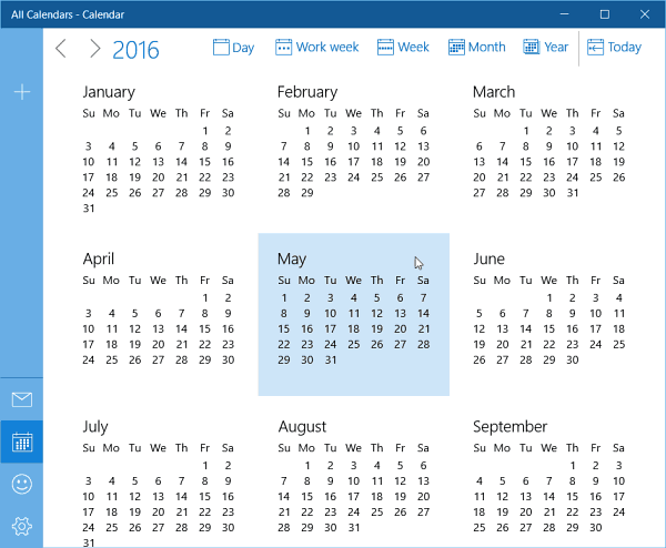 Актуализация на календара на Windows 10 за целогодишен изглед