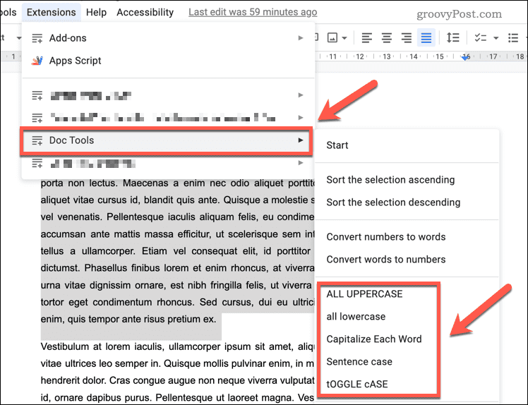 Промяна на главни и малки букви на текста с помощта на добавката Doc Tools в Google Документи