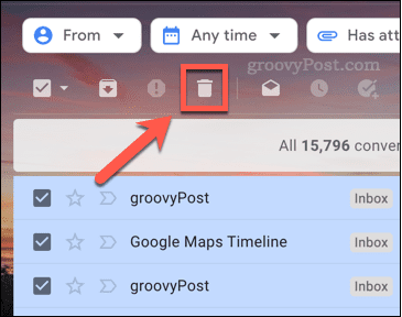 Иконата за изтриване на имейли в Gmail