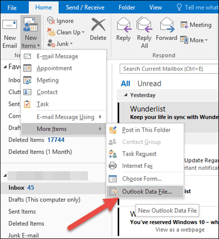 Outlook 2016 - Създайте файл с данни на Outlook - PST