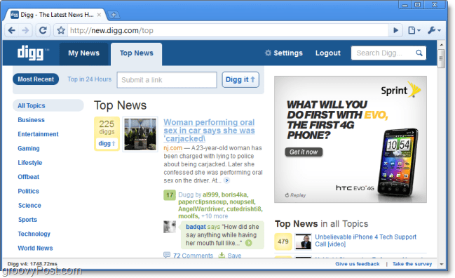 Digg топ новини на новата екранна снимка на Digg