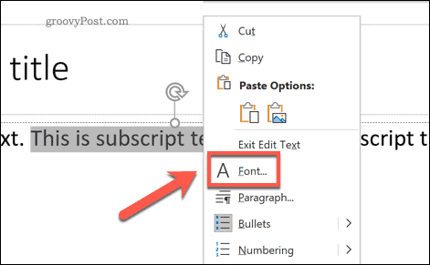 Достъп до менюто с опции за шрифт в PowerPoint на Windows чрез изскачащото меню с опции