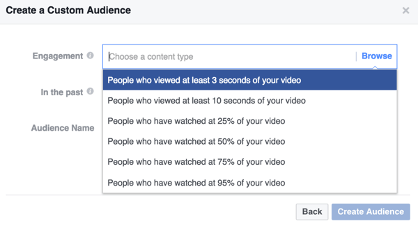Изберете критериите за ангажираност за вашата потребителска видео аудитория във Facebook.