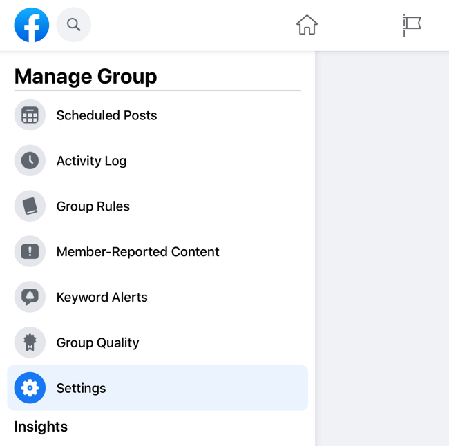 екранна снимка на менюто за групово управление на facebook с подчертана опция за настройки