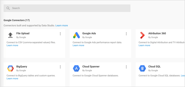Импортирайте три вида съединители в Google Data Studio: Google Connectors, Partners Connectors и Open Source Connectors.