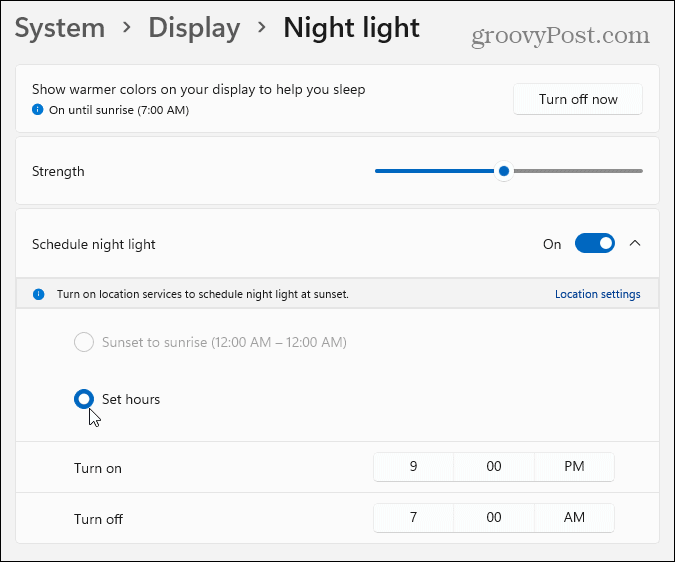 настройки за нощно осветление на windows 11