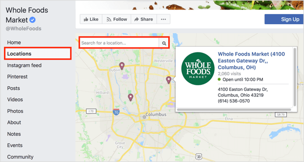 Кликването върху раздела Локации на страница във Facebook разкрива отделни местоположения на карта. 
