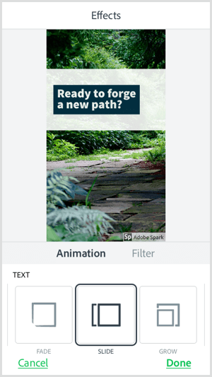Изберете опция за текстова анимация с мобилното приложение Adobe Spark Post.