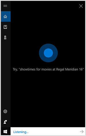 Cortana, разговорният интерфейс на Windows, е черна вертикална кутия със синя точка в центъра. Бяло поле в долната част показва, че устройство с Windows слуша.