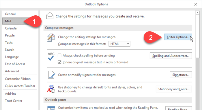Щракнете върху Поща, след това Опции за редактор в Outlook