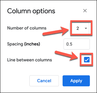 Избор на опции за колони в Google Документи