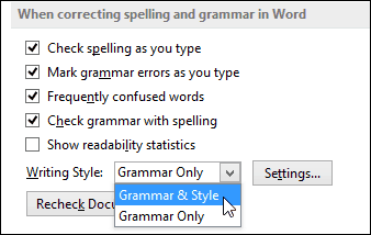 Word 2013 конфигурирайте граматиката и стила падащото меню