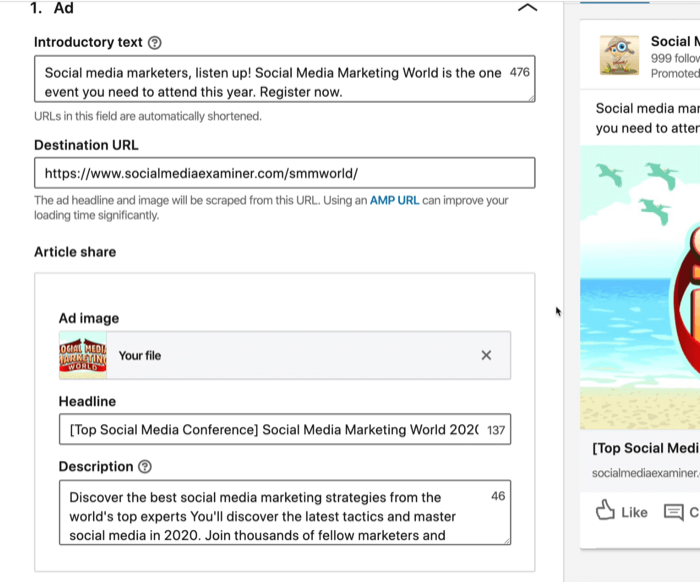 екранна снимка на уводния текст, целевия URL адрес, заглавието и полетата за описание на рекламата в LinkedIn