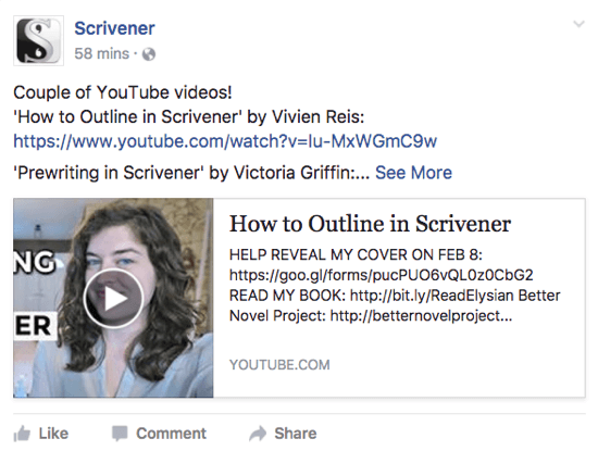 Scrivener споделя видеоклип в YouTube, който може да се хареса на потребителите на страницата си във Facebook.