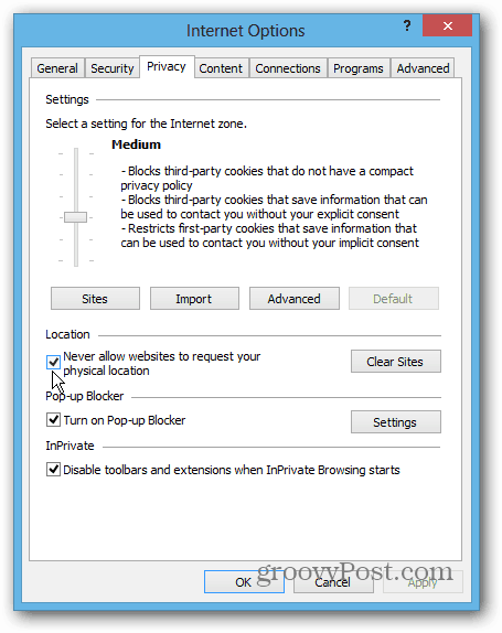 Поверителност на IE 10 Win8 Desktop