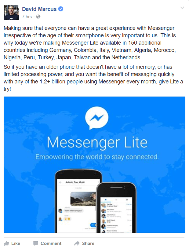 Facebook Messenger Lite вече е достъпен в повече страни по света.
