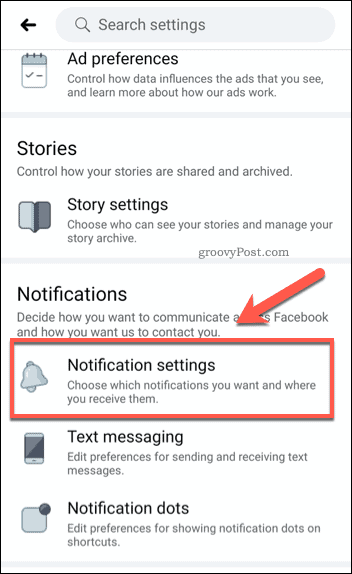 Опция за настройки за мобилни известия на Facebook