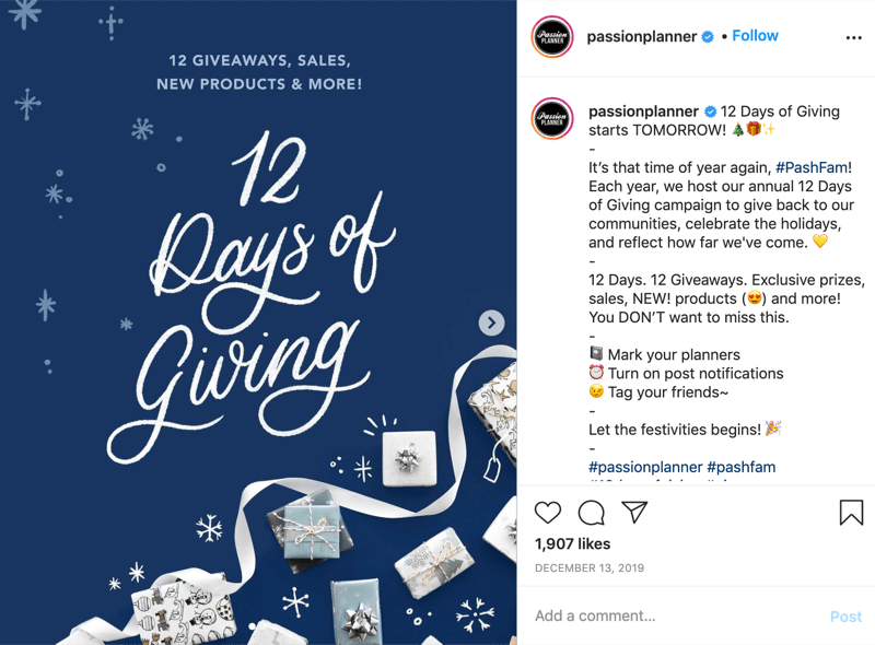 пример за състезание за раздаване на instagram за 12-те дни на даване от @passionplanner, обявяващо, че раздаването започва на следващия ден