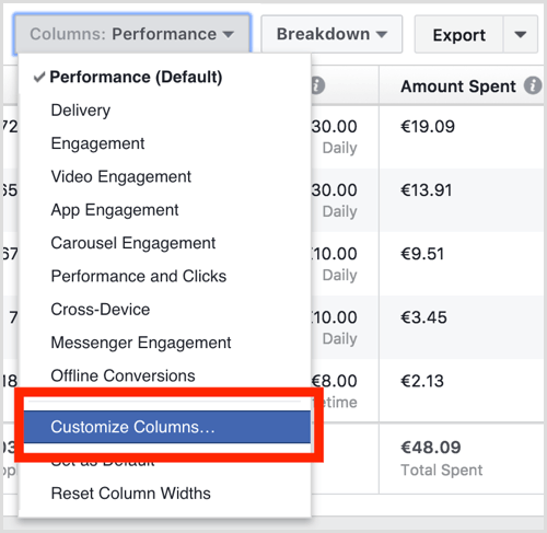 Мениджърът на реклами във Facebook персонализира колони