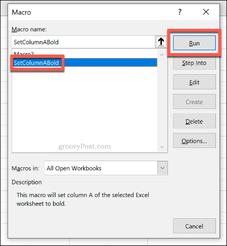 Менюто за избор на макроси за стартиране на макрос в Excel