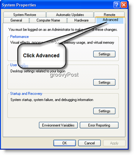 Системни свойства Разширени настройки Windows XP