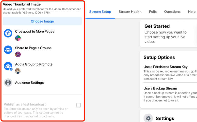 опция за настройка на потока на живо във facebook, за да изберете миниизображението за вашето видео